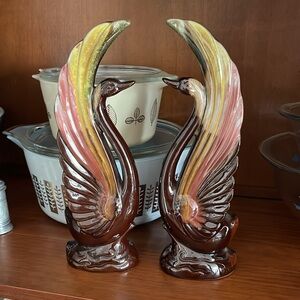 Vintage Pair of Swan Figurines – Redware Drip Glaze Pottery (9.5”)